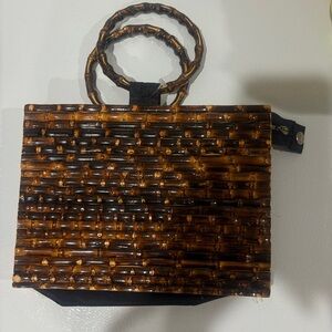 Vintage bamboo Brown Woven Handbag with round Bamboo Handles